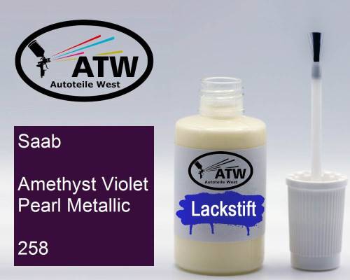 Saab, Amethyst Violet Pearl Metallic, 258: 20ml Lackstift, von ATW Autoteile West.